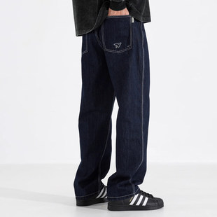 秋冬加绒潮牌深蓝色直筒牛仔裤男垂感美式复古大码宽松休闲长裤子