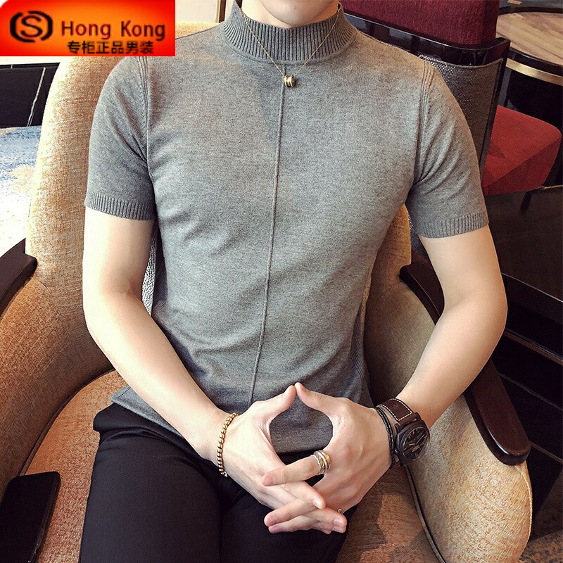 半高领毛衣男春秋夏季2026新款韩版半袖紧身针织打底男士短袖t恤