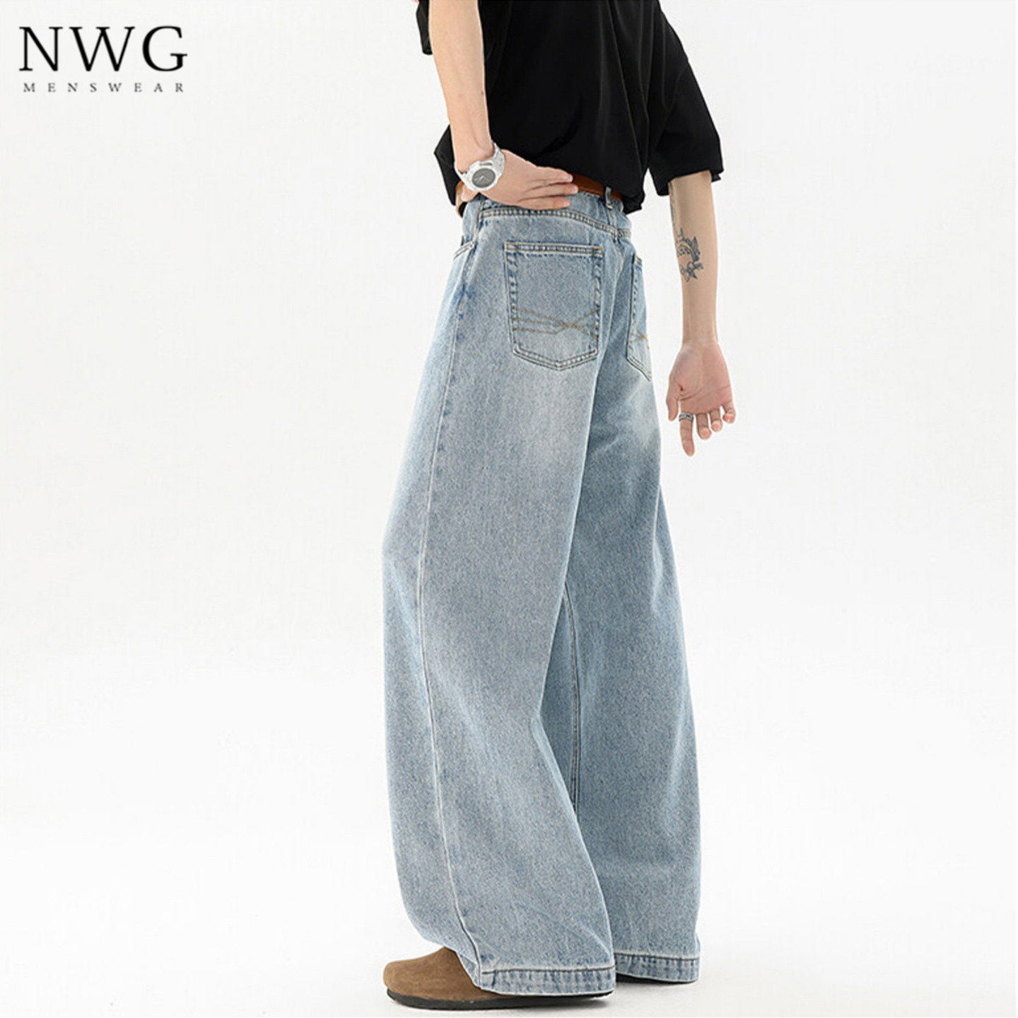 浅色水洗牛仔裤男春秋季美式复古宽松直筒弯刀阔腿裤子男休闲长裤