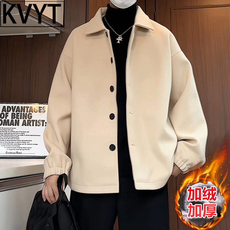 潮牌美式短款毛呢大衣男2026新款高级感英伦雅痞男装冬装翻领外套