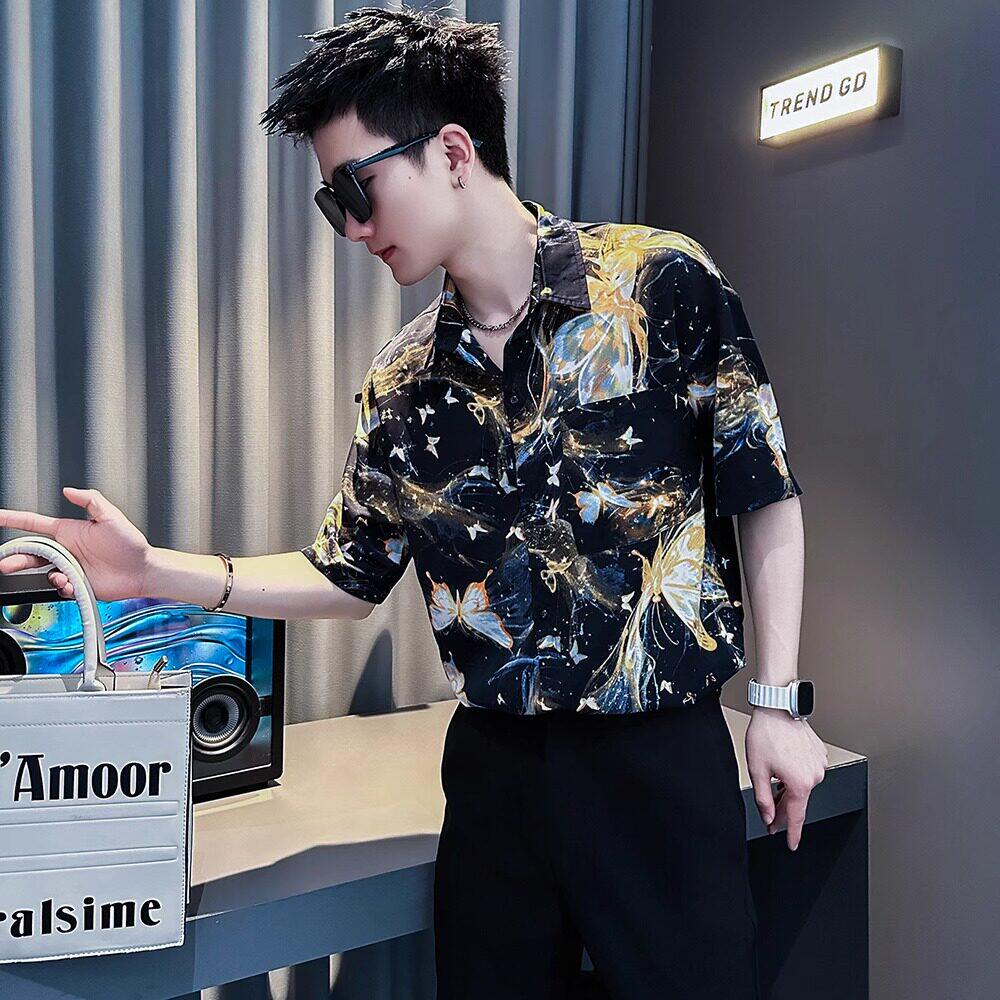 LL男装衬衫男韩版潮流短袖夏高级感痞帅冰丝印花新款炸街半袖衬衣