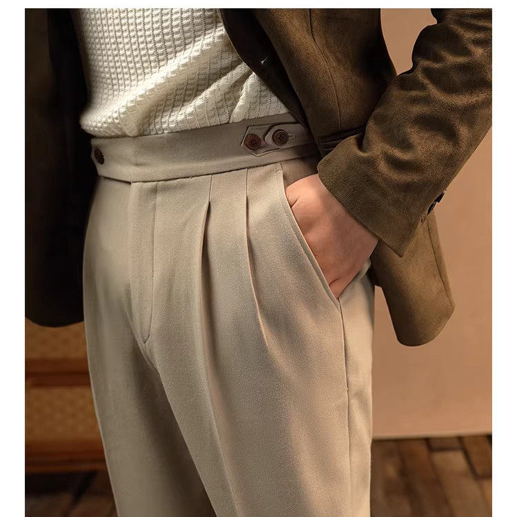 法国高端新品卡其色纽扣式双褶休闲长裤黑色免烫那不勒斯西裤男