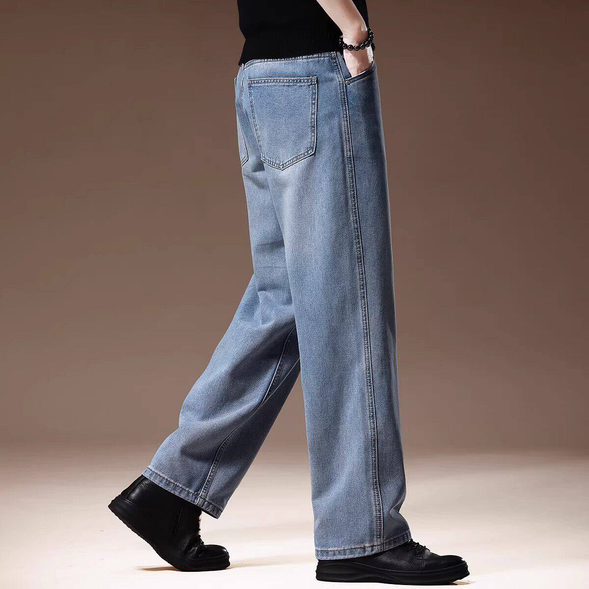 高端2026春季新款浅蓝色水洗牛仔裤男士潮牌宽松直筒休闲长裤子男