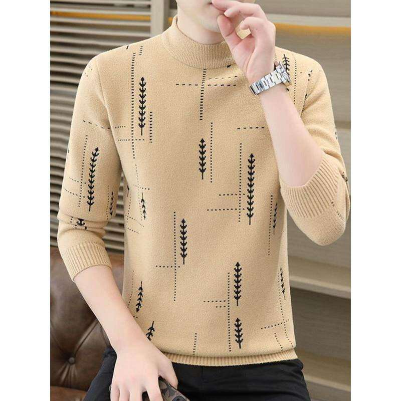 半高领提花毛衣男士秋冬季新款修身拼色内搭加厚中领打底针织衫潮