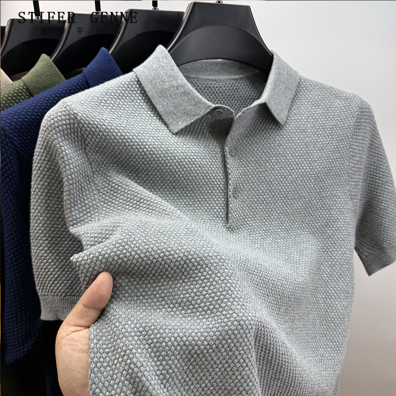 斯蒂芬纯色针织短袖polo衫男夏季轻薄款高端潮流休闲男士翻领t恤