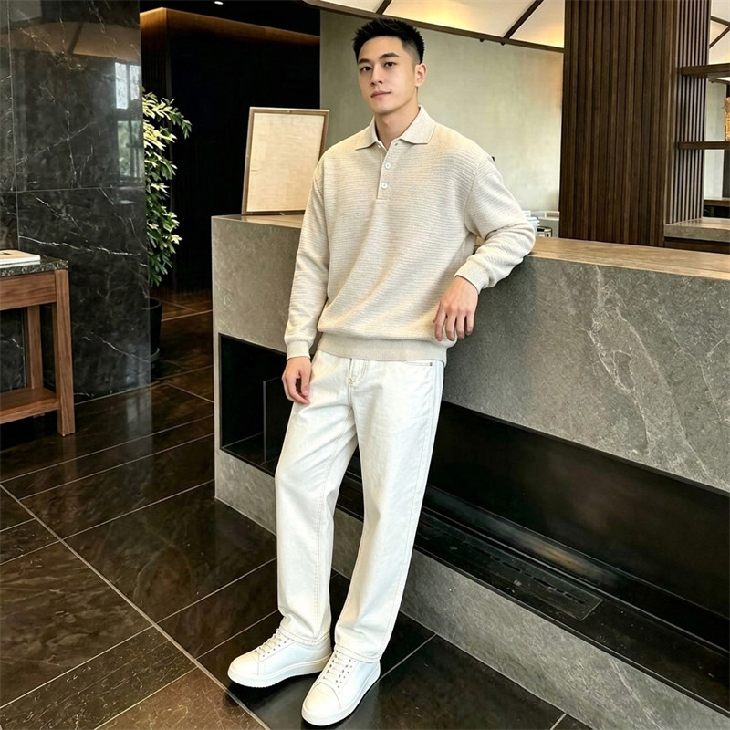 轻奢休闲简约polo衫翻领男款秋季重磅窄版牛仔阔腿裤穿搭两件套潮