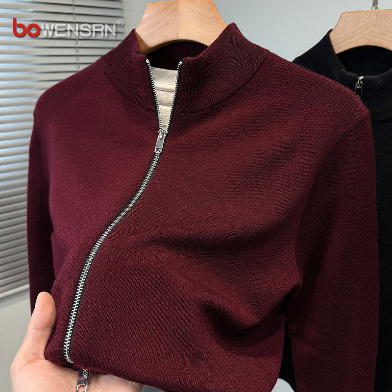 枣红色半高领开衫毛衣男士外套2026新款冬装立领本命年羊毛衫男款