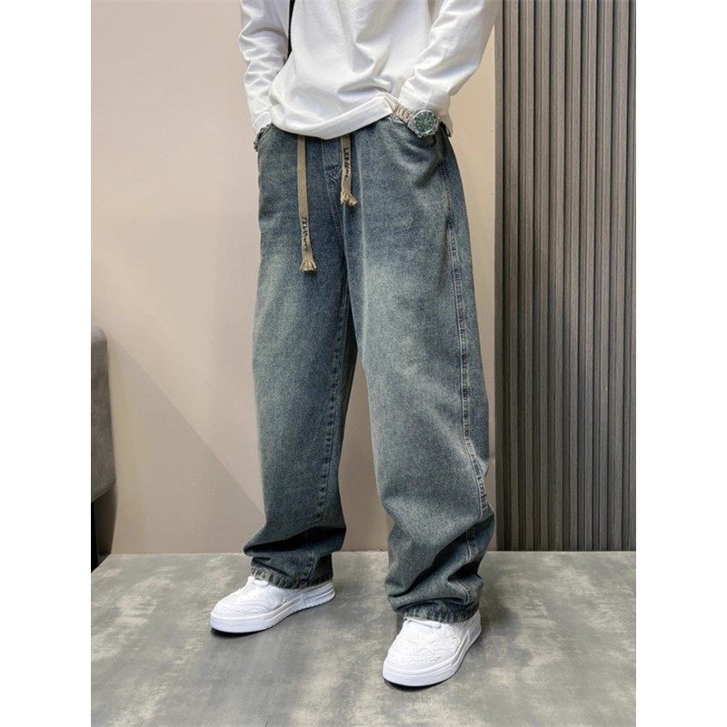 GM新潮 直筒垂感牛仔裤男士秋冬加绒高个子裤子痞帅阔腿高街长裤