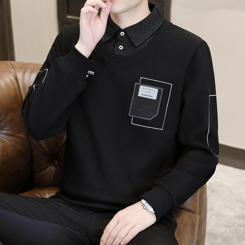 高级感针织卫衣男春秋内搭假两件长袖Polo上衣冬季加绒加厚打底衫