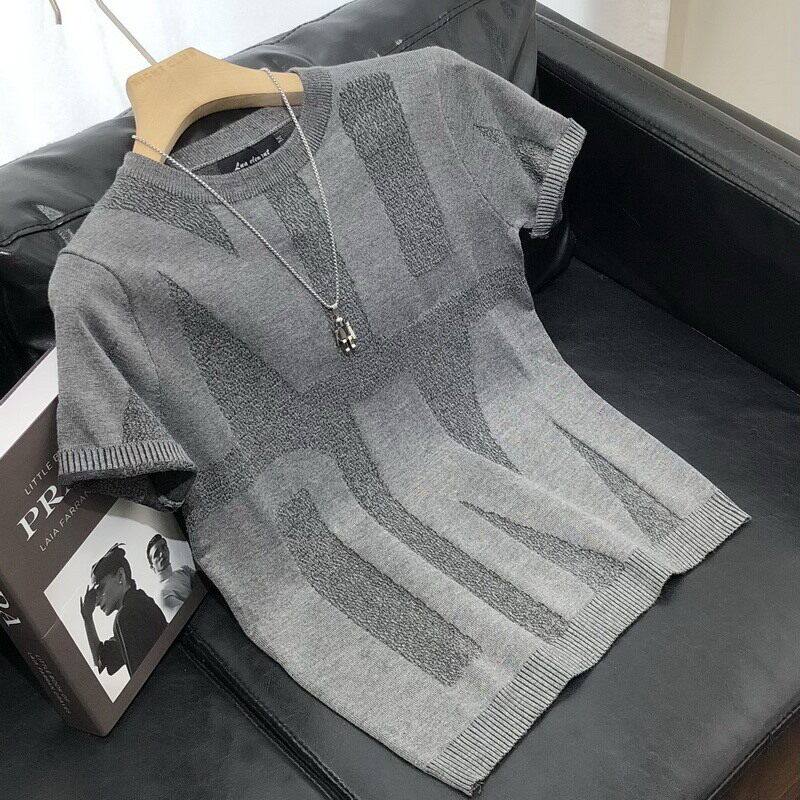 潮牌轻奢针织短袖T恤男士圆领修身春秋新款冰丝时尚青年半袖毛衣