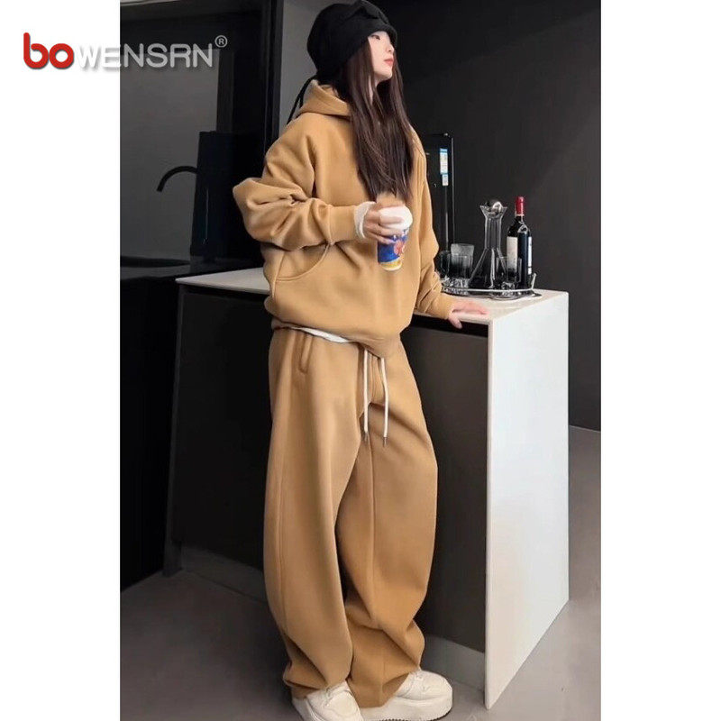 潮牌情侣款休闲运动套装男士2025新款冬季加绒加厚卫衣裤男款一套