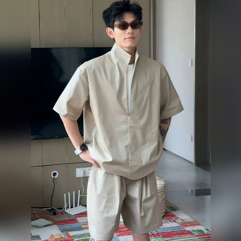 潮牌老钱风假两件亚麻套装男夏季2026新款薄款冰丝短袖衬衫两件套