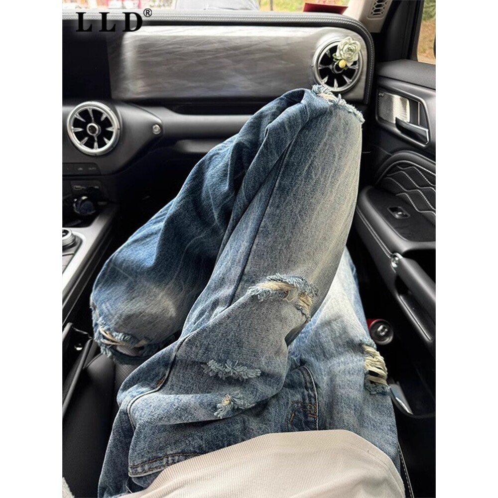 高端闪电纹蓝色牛仔裤男秋冬潮牌破洞裤美式高街宽松微喇阔腿长裤