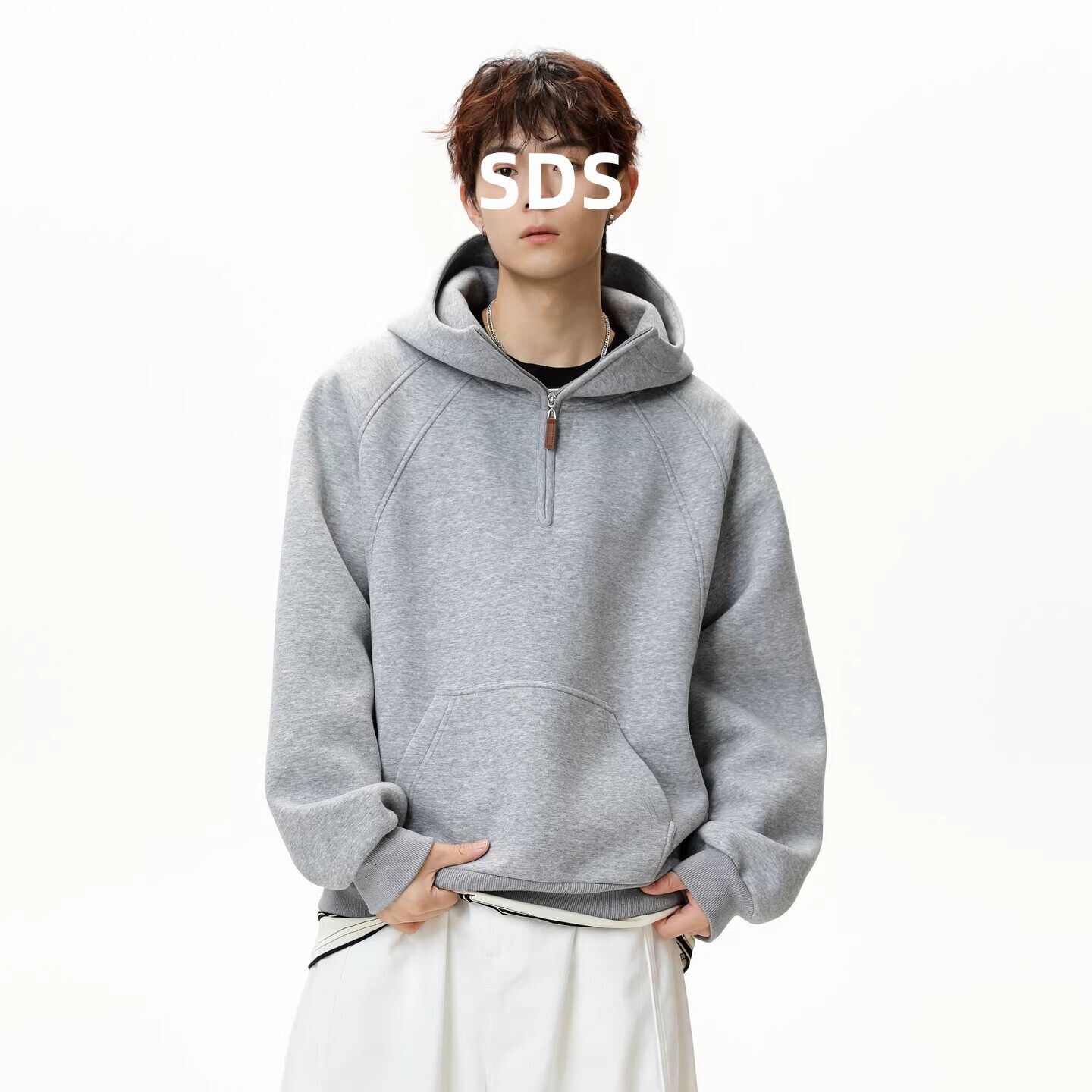 轻奢卫衣男春秋2026新款潮牌痞帅半拉链休闲宽松连帽长袖T恤上衣