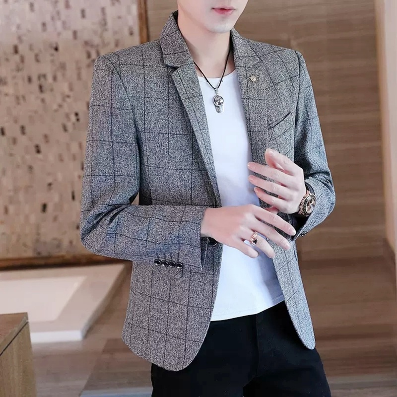 小西装外套男2025春秋季新款韩版潮流修身格子单西男士休闲西服潮
