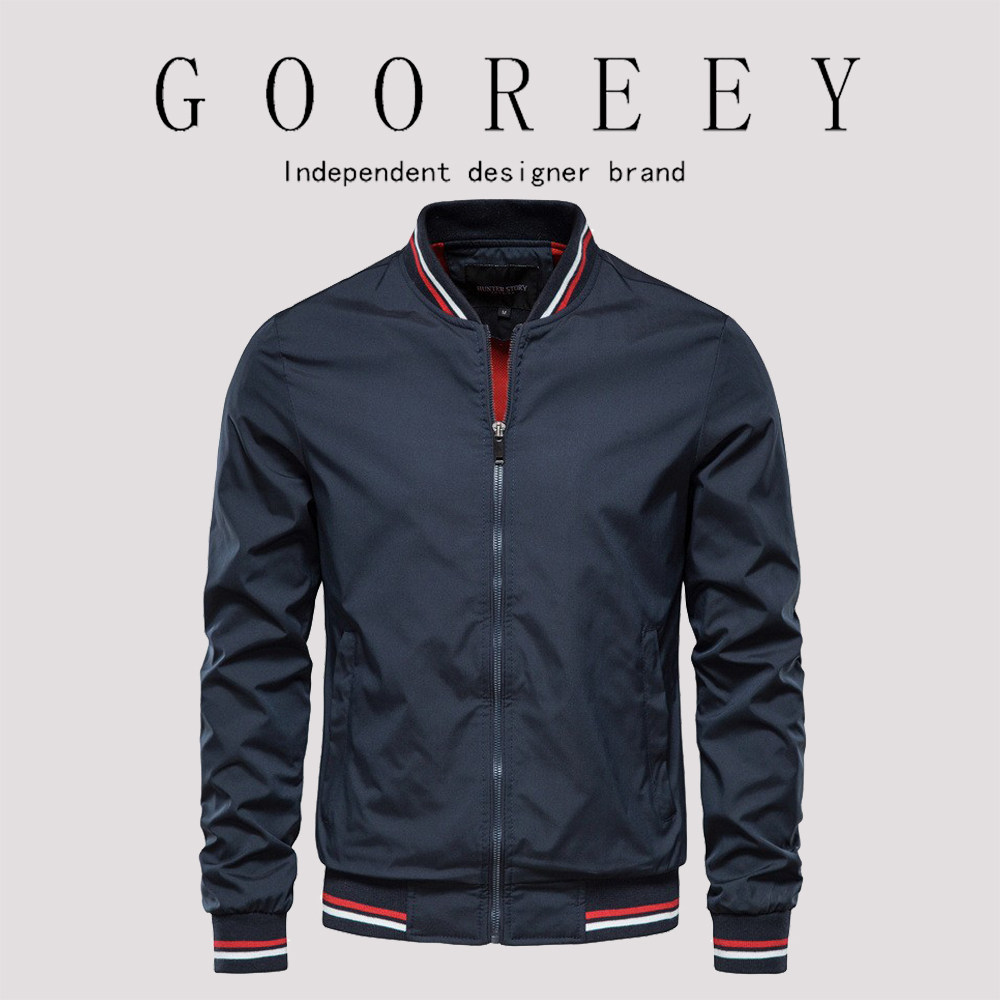 GooReey春秋薄款男士时尚潮牌夹克男立领休闲外套修身棒球服防风