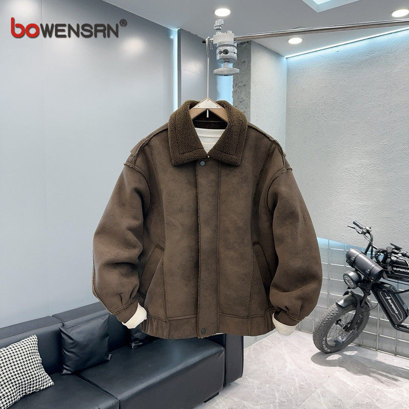 皮毛一体羊羔毛棉服外套男士2025新款冬装加厚美式咖啡色夹克男款
