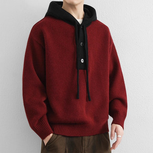 2025新款 男款 冬季 连帽毛线衣保暖针织衫 装 高端本命年红色毛衣男士
