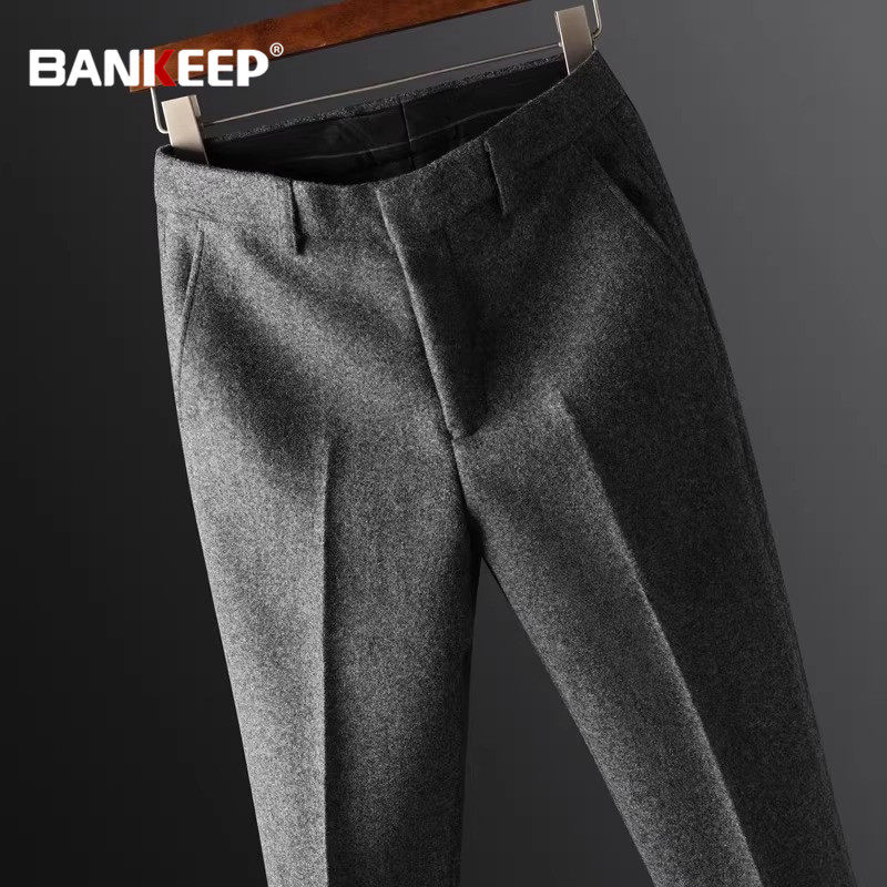 高端毛呢休闲西裤男士春秋冬季2025新款加厚修身男裤直筒裤子男款