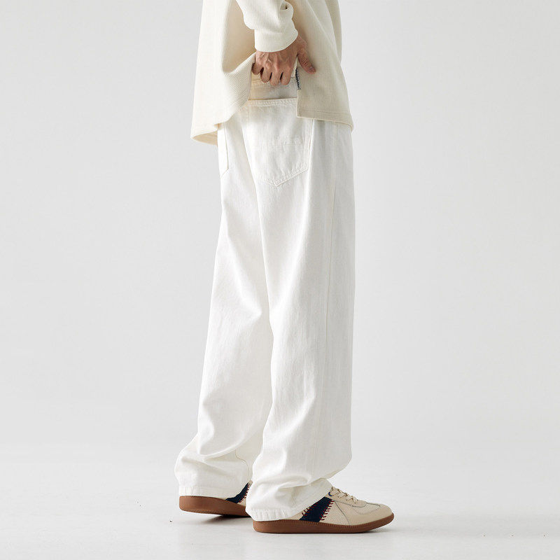 秋冬新款白色加绒牛仔裤男直筒宽松美式cleanfit垂感加厚阔腿长裤