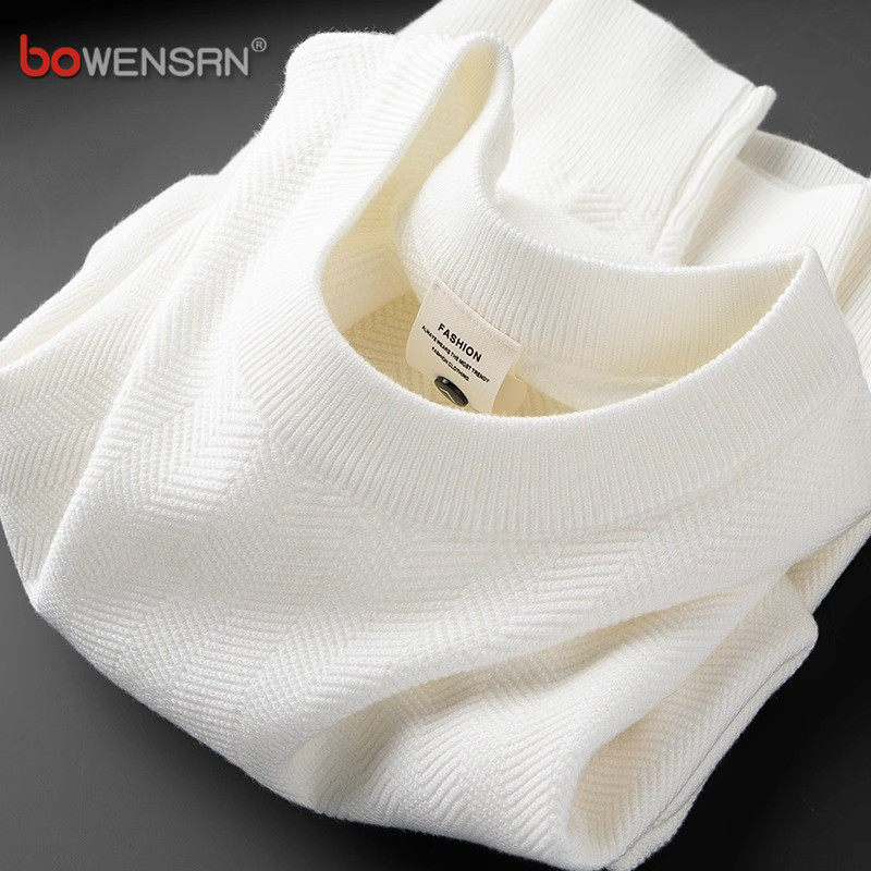 高端圆领白色毛衣男士2025新款秋冬季修身内搭保暖打底针织衫男款