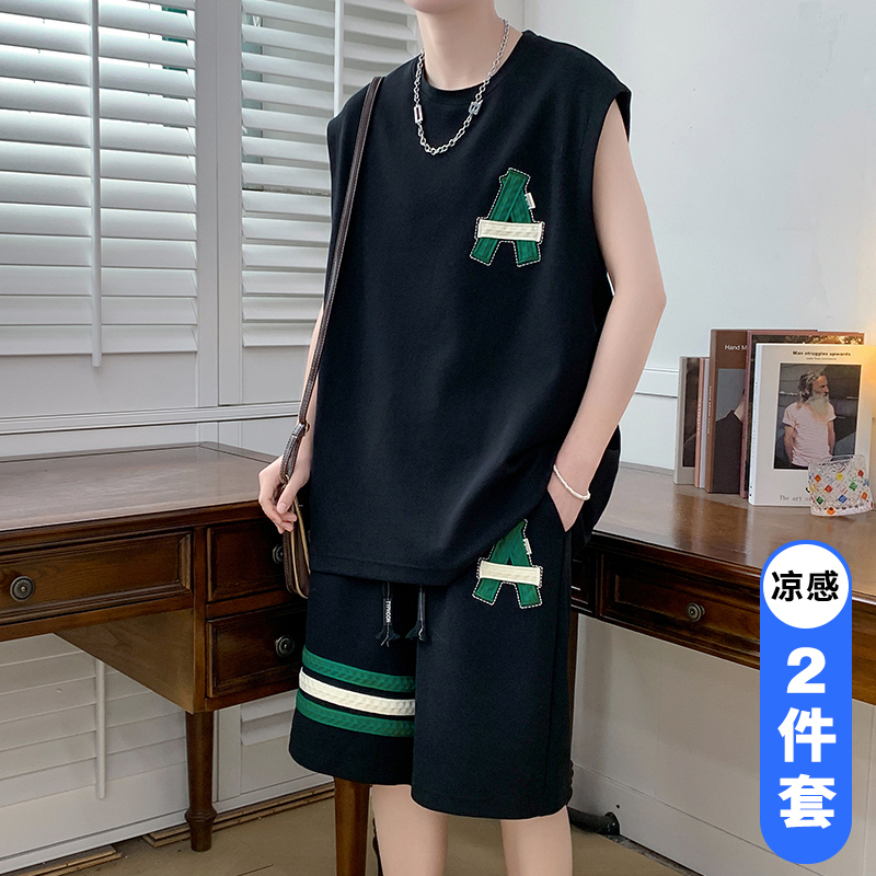 冰丝运动套装男士夏季潮牌宽松休闲无袖t恤背心夏天跑步衣服一套