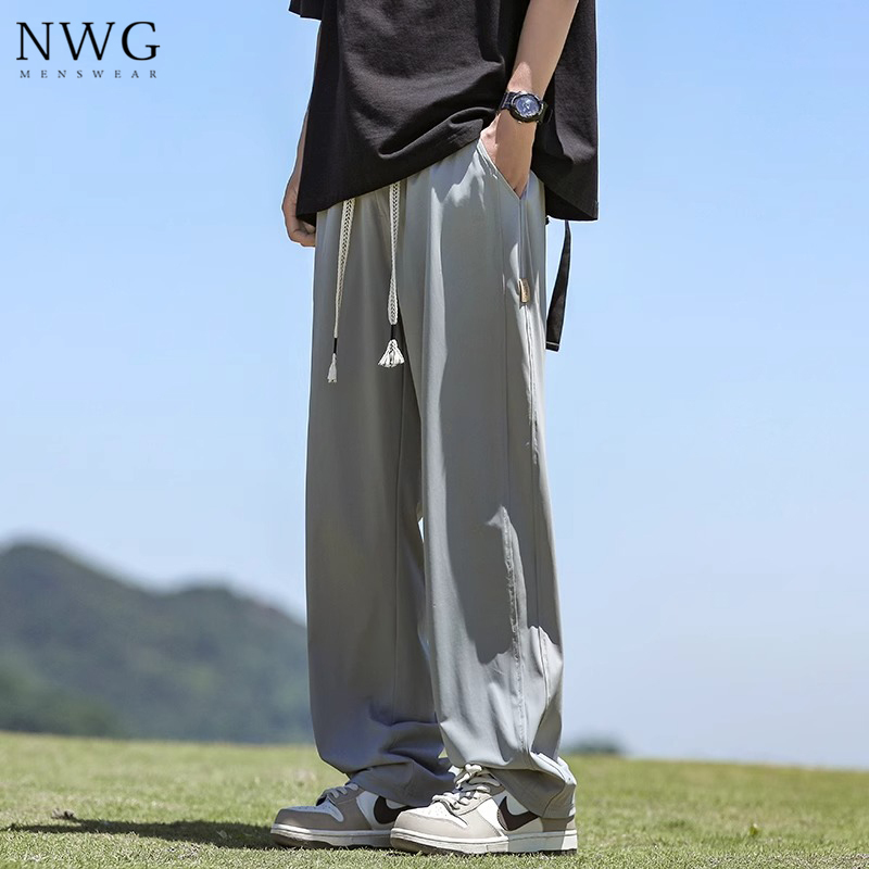 冰丝休闲裤男夏季2025新款美式宽松直筒阔腿裤子男薄款灰色运动裤