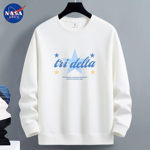 NASA联名星星印花卫衣男学生宽松圆领加绒加厚长袖秋冬白色上衣服