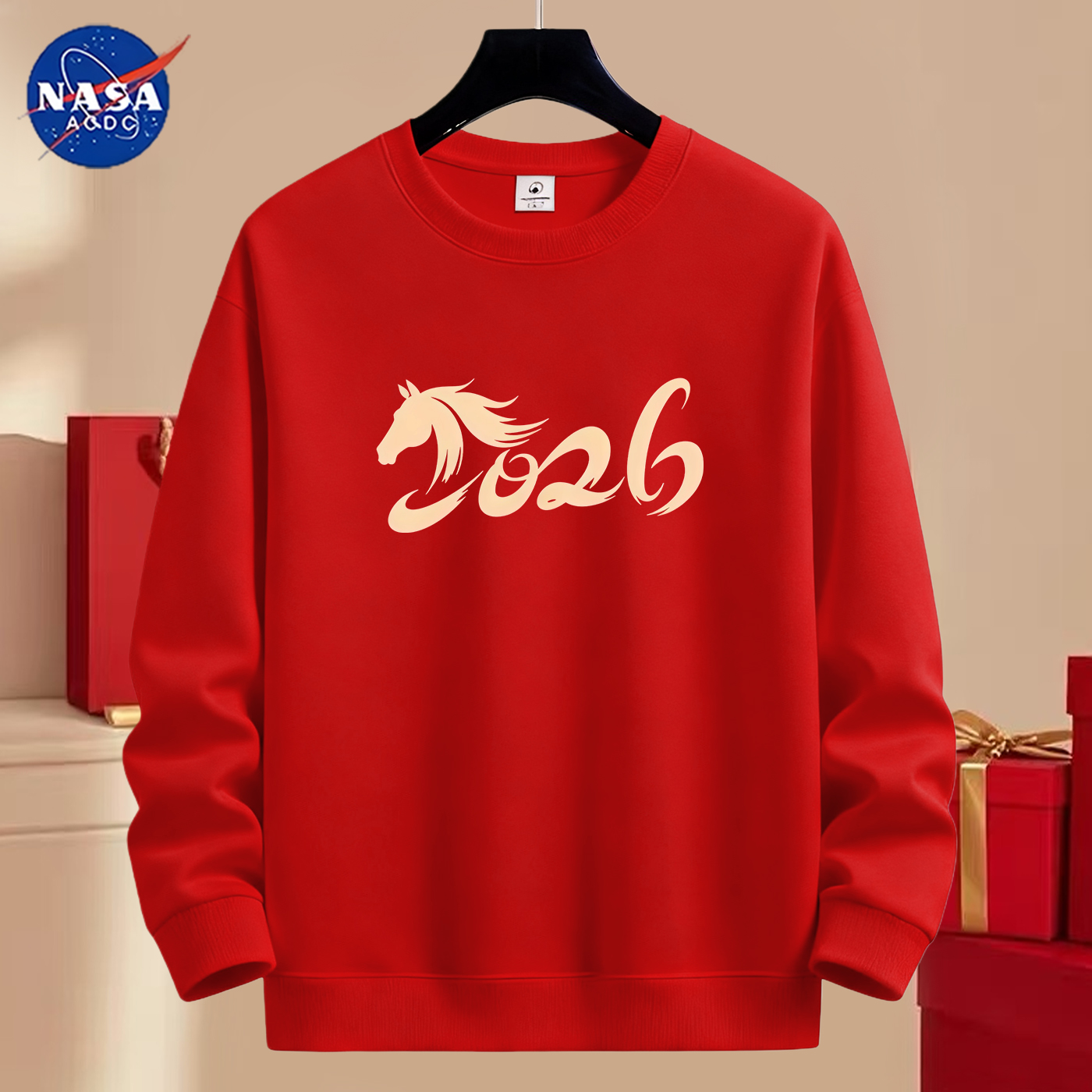 NASA卫衣男士秋冬季大红色2026马年本命年加绒加厚圆领青少年新年