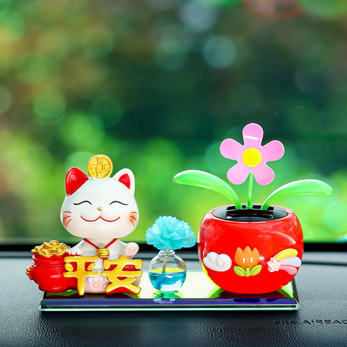 卡通摇头招财猫平安幸运猫太阳花香水香薰车载摆件车内中控台装饰