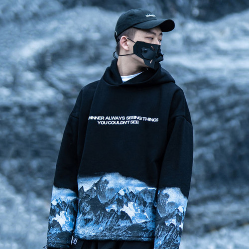 killwinner潮牌雪山印花情侣连帽卫衣男潮牌秋冬款加绒设计感外套