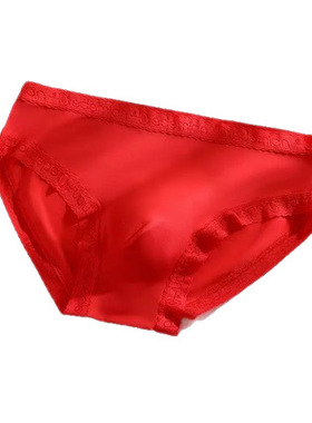 本命年红色性感男式蕾丝内裤3D立体凸囊冰丝男式三角裤女生日礼物