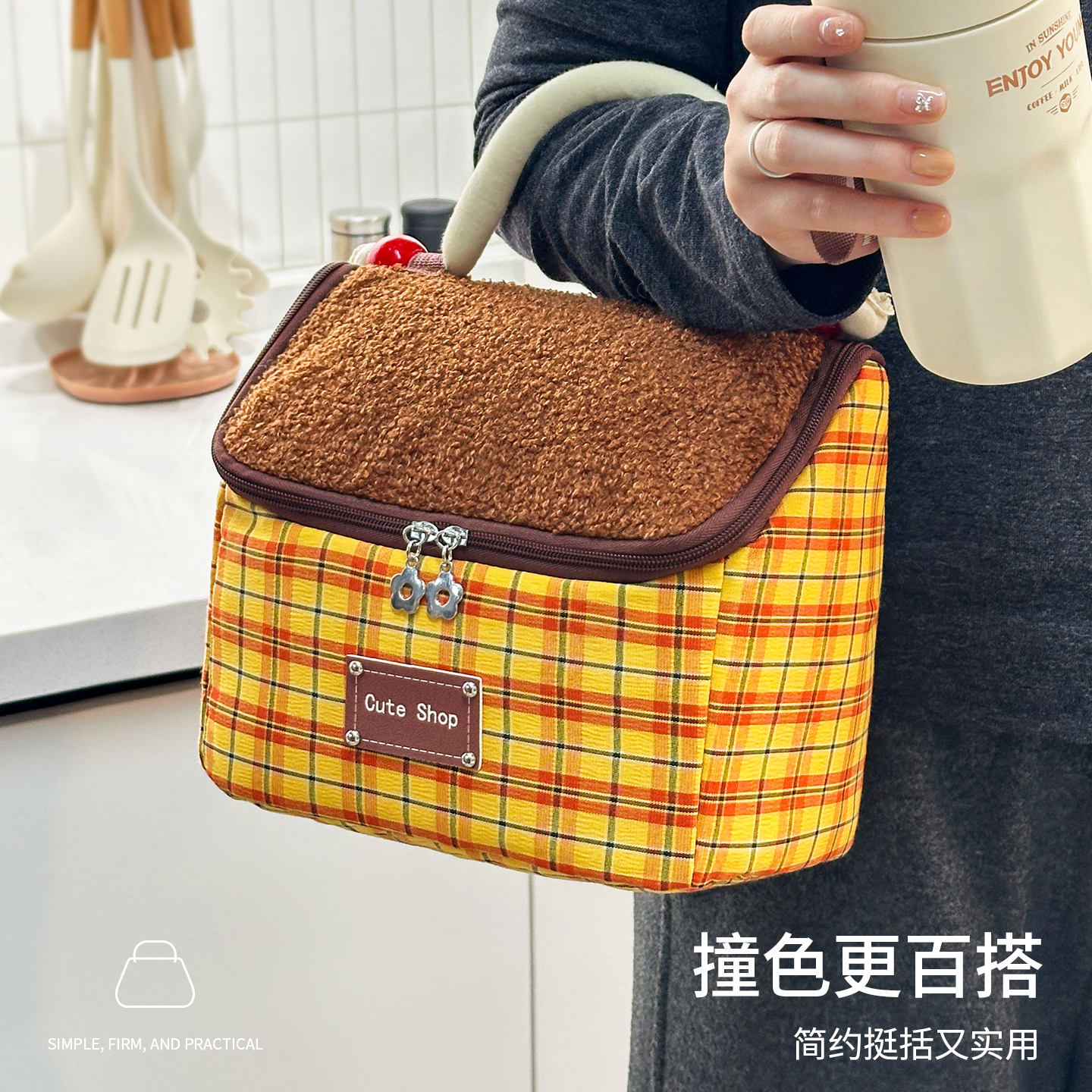 复古格纹饭盒袋便携手提包大容量