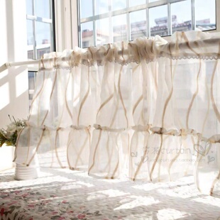 韩式 田园咖啡帘半帘厨房小窗帘粘贴免打孔穿杆帘头窗纱短帘橱柜帘