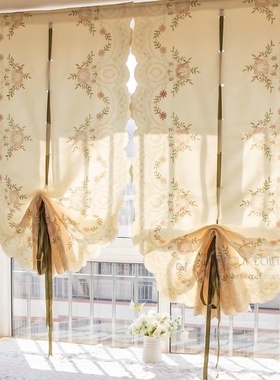 锦绣 欧式高档刺绣提拉帘气球扇形帘 升降罗马帘飘窗成品窗帘粘贴