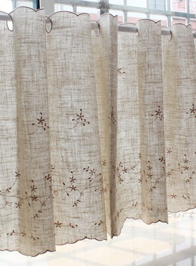 唯美刺绣小花咖啡帘半帘小短帘穿杆帘橱柜帘隔断帘厨房小窗帘门帘