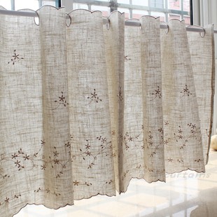 唯美刺绣小花咖啡帘半帘小短帘穿杆帘橱柜帘隔断帘厨房小窗帘门帘