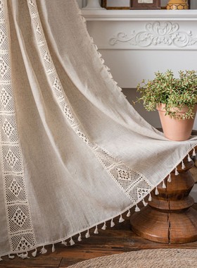 素色镂空拼接窗帘美式棉麻成品半遮光厨房帘隔断帘飘窗落地客厅帘