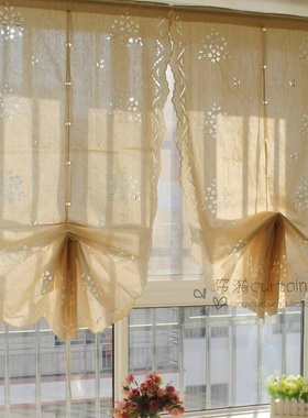 复古美式镂空棉麻提拉帘升降窗帘成品魔术贴罗马帘穿杆气球帘隔断