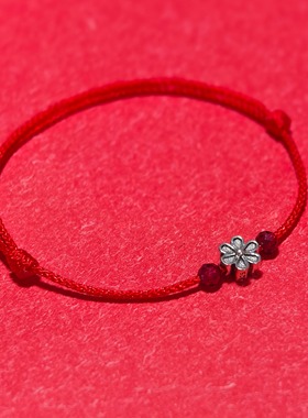 新款马年本命年手链红绳纯银手链极细编织绳石榴石手链女生小众