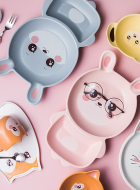 小孩健康儿童宝宝吃饭碗动物分格盘子陶瓷餐具套装卡通可爱早餐盘