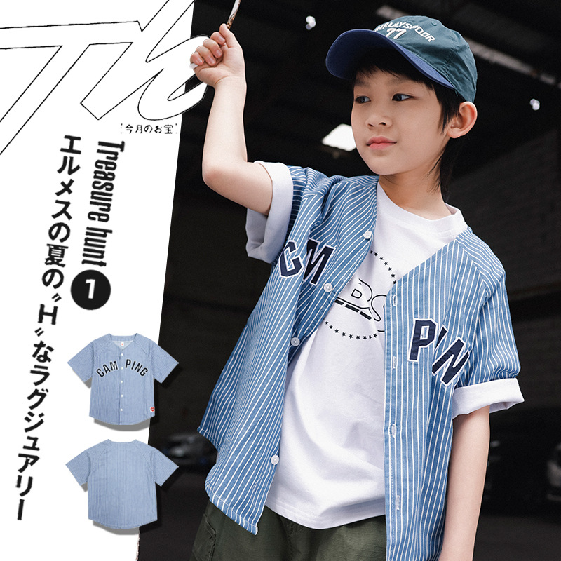 儿童短袖衬衫2025夏季新款男童条纹透气上衣儿童棒球服开衫衬衣
