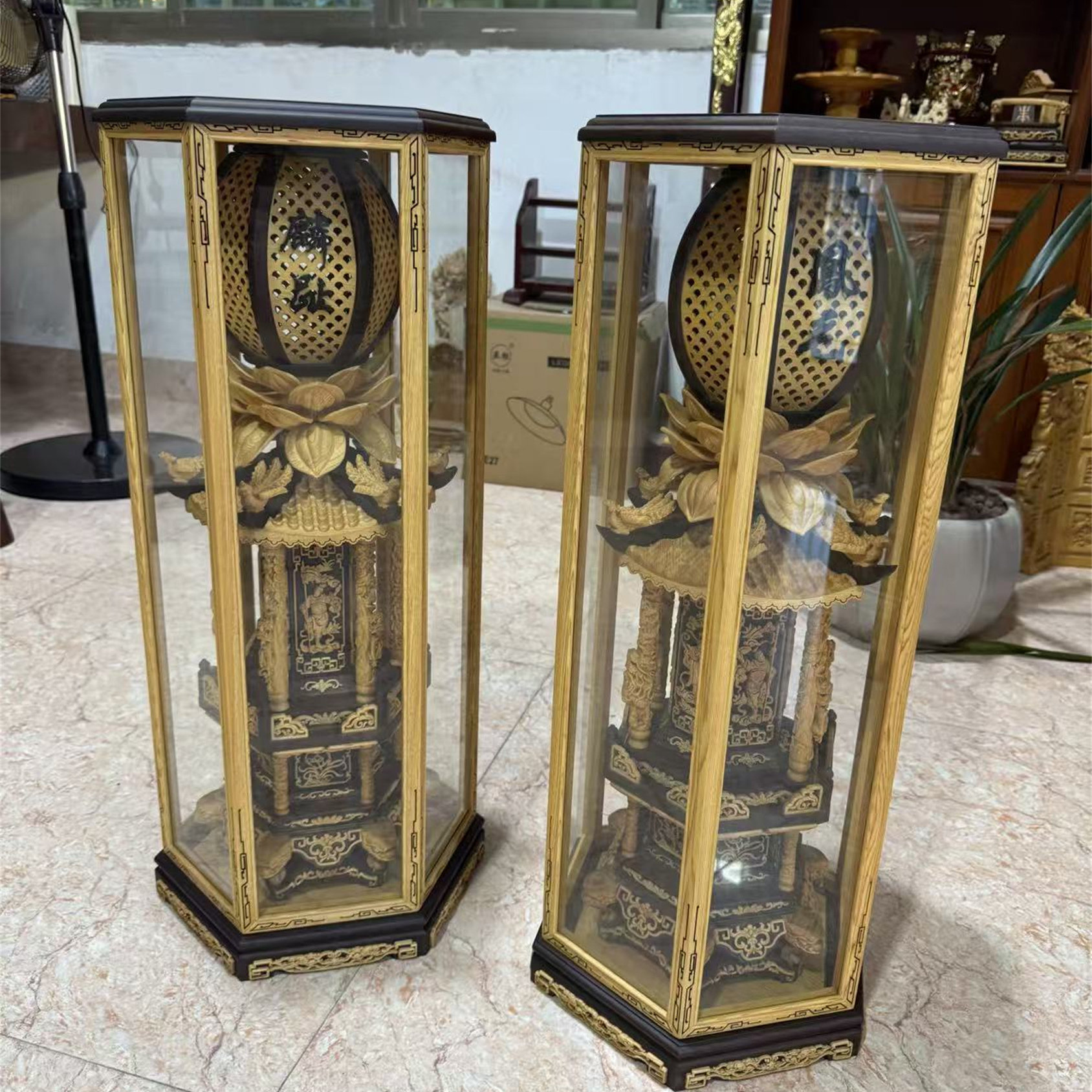 黑檀入桧木太子楼莲花灯长明灯神明佛前供灯高档轻奢手工雕刻六角