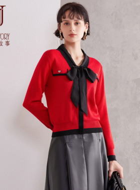 经典故事2025新款红色针织衫女秋冬薄款含羊毛毛衣打底针织上衣