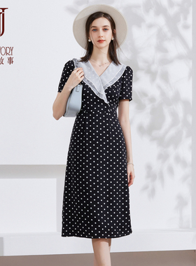 法式荷叶边波点连衣裙女夏季2026新款气质V领黑色雪纺裙收腰长裙