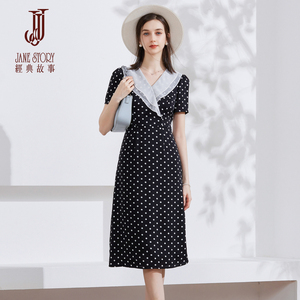 法式荷叶边波点连衣裙女夏季2026新款气质V领黑色雪纺裙收腰长裙