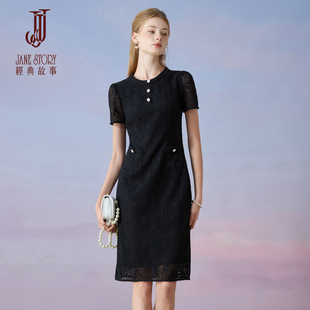 时尚 圆领高腰显瘦纯棉裙子 新款 黑色高端精致蕾丝连衣裙女2026夏季