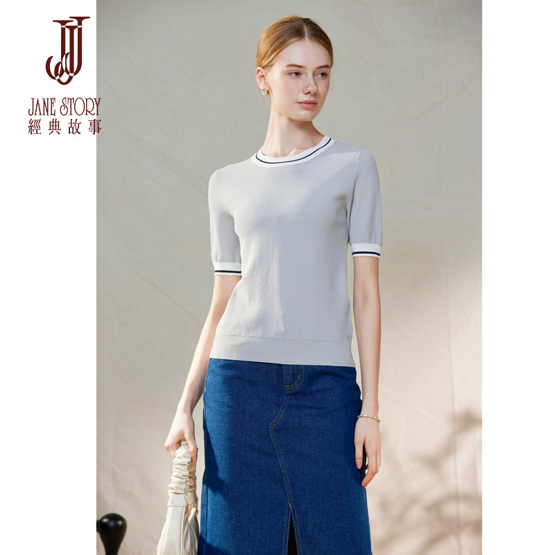 经典故事2026新款冰丝针织衫女夏季短袖薄款修身针织上衣小个子