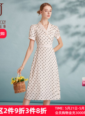 经典故事2026新款夏季白色波点连衣裙女时髦西装领收腰裙子小个子