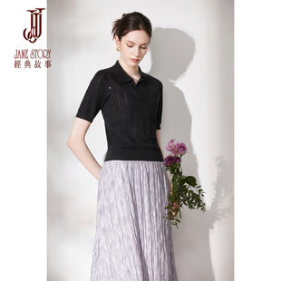 经典故事夏季polo领针织衫女款2026新款短袖冰丝黑色针织上衣薄款